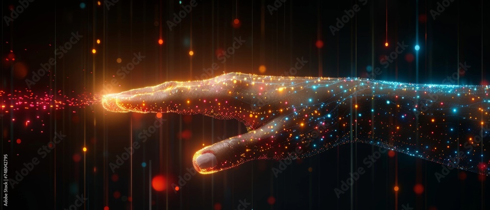 Poster Robot and human hand with flash light and virtual screen projection on black background - artificial intelligence, future technology, business concept