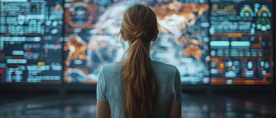 Woman looking at screen of futuristic interface.