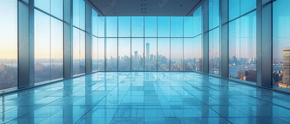 Leinwandbilder a modern building with an empty floor and a skyline in the background