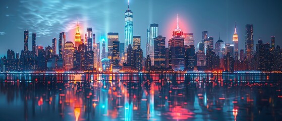 Skyscrapers at night in New York, double exposure with growing arrows and metaverse abstract lines. Concept of smart cities, future technology, and global connectivity.