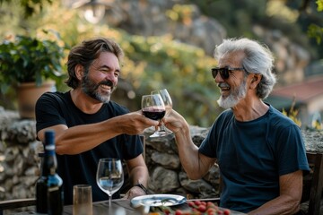 An older man and his son toast with wine on a terrace during a family gathering.