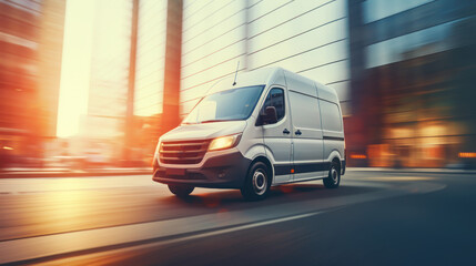 A white van minibus on city streets. Moving And Delivery concept.