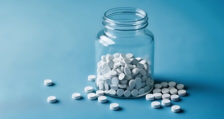  Medicine in a glass jar on a blue background
