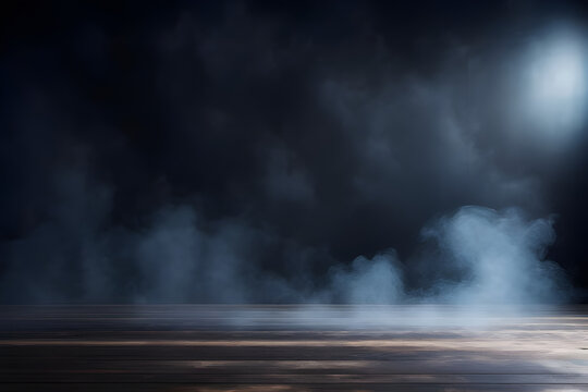 Empty dark abstract bokeh and studio room with smoke float up interior texture for display products wall background.
