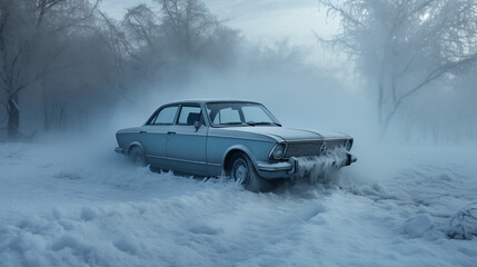 Fototapeta na wymiar Solitary Winter Drive: Oldtimer in Snow Mist