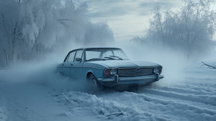 Chilly Journey: Classic Sedan in Snowy Wilderness