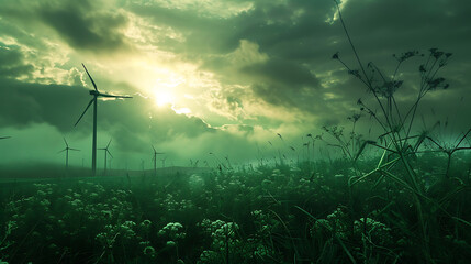 Wind turbines in a meadow at sunset - obrazy, fototapety, plakaty