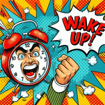 Retro Wake-Up Call: Vector Illustration with a Comic Alarm Clock Ringing, accompanied by an Expression Speech Bubble featuring "Wake Up" Text. Dynamic Cartoon Design in Bright Pop Art Style on a Halft
