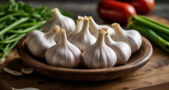  Fresh garlic bulbs in a wooden bowl, ready for culinary adventures