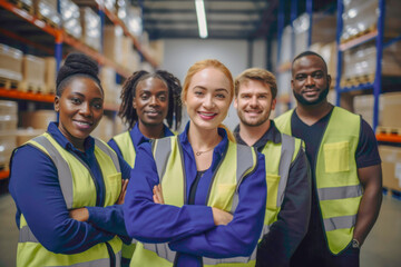 Portrait group of warehouse worker men and women smiling and work as a team. - obrazy, fototapety, plakaty