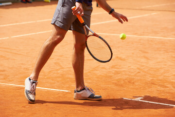 Tennis, court and legs of person outdoor at start of exercise of workout in competition. Athlete,...