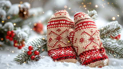 Red and White: A Cozy Pattern of Mittens and Snowflakes