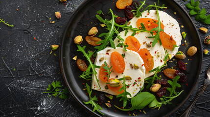 White cheese sliced with greens raisins dried ap