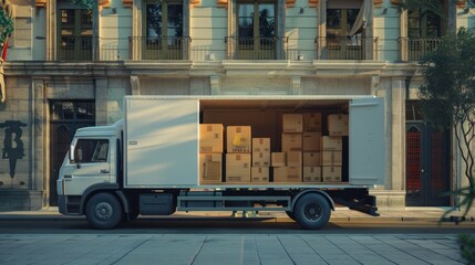 Truck with open doors on the street with boxes loaded inside, Moving And Delivery concept.