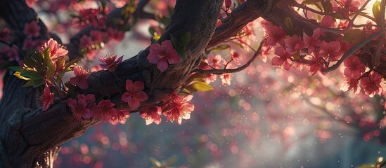 A detailed close-up of a tree with pink flowers blooming on the branches, showcasing the beauty of spring in nature.