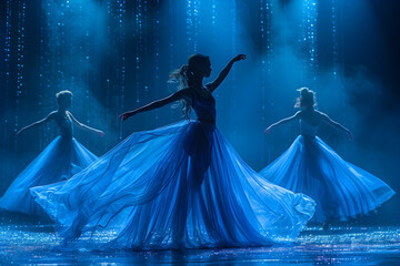 Ballet Dancers in Blue Gowns Perform on Stage in Mysterious Dreamlike Scenes - obrazy, fototapety, plakaty