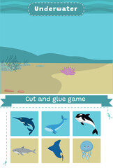 Fototapeta na wymiar ector cut and glue activity. Underwater. Sea life. Crafting game with сartoon childish illustration. Fun printable worksheet. 