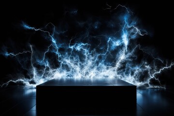 massive electric storm with numerous bright powerful electric multiple discharges around mysterious podium