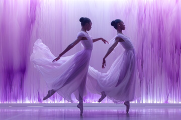 Elegant Ballerinas Dancing in Front of a Purple Wall