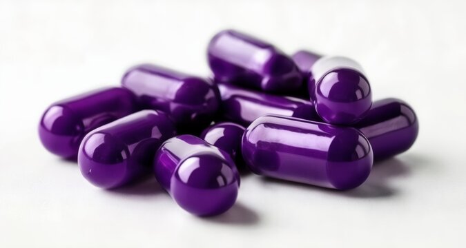  Purple capsules, close-up, glossy, on white