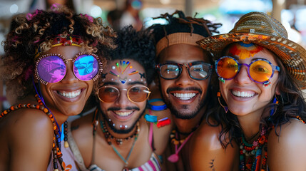 Four Friends Smiling at a Music Festival in Afrofuturism Style