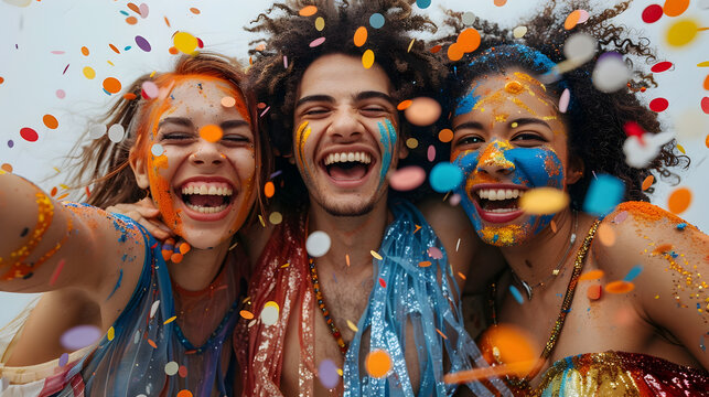 Friends Celebrating at a Vibrant Festival with Colored Sprinkles