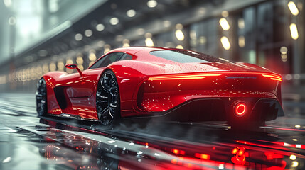 Futuristic Red Sports Car Driving Down a City Street