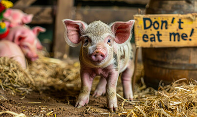 Adorable piglet with big ears pleading for compassion holding a rustic sign with the message Don't eat me!, promoting animal rights and veganism