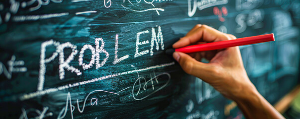 Hand erasing the word PROBLEM written in white chalk on a blackboard, symbolizing solution finding, overcoming challenges, and positive mindset - obrazy, fototapety, plakaty