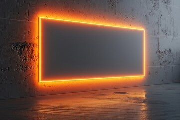 A glowing orange neon rectangle on a white wall in a dimly lit room reflecting on the concrete floor