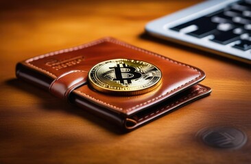 A bitcoin coin lies on a wallet on a wooden table. Expensive cryptocurrency, mining. Close-up.