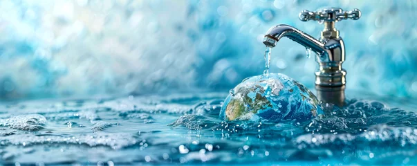 Foto op Aluminium Illustrative design of World Water Day with a tap dripping onto a globe against a water background, highlighting the importance of water conservation and sustainable use © Bartek