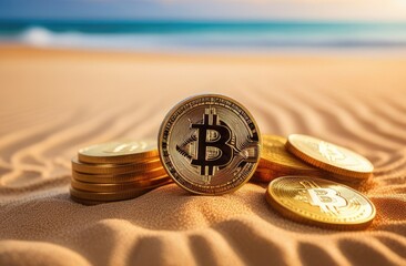 Concept. Bitcoin gold coins lie on the sand, near the ocean. Expensive cryptocurrency, mining. Close-up.