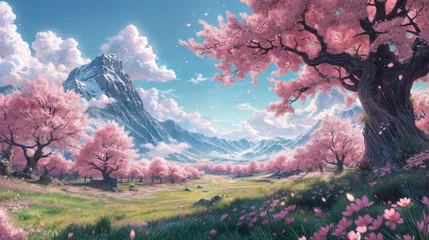 Fotobehang A vibrant landscape featuring cherry blossoms in full bloom with a backdrop of mountains and a clear sky. Digital art style. For book covers, posters, web backgrounds.  © Eugen