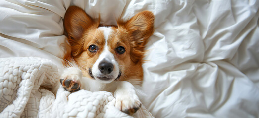 Cute dog lying and resting in bedroom on bed with white linens and pillows with cozy vibes. Caring for a pet in the home commercial concept banner.