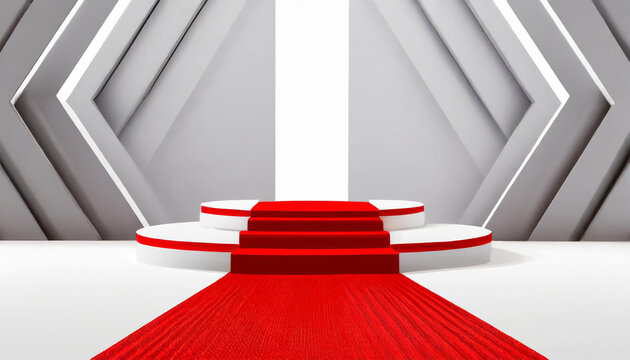 Abstract geometric white background podium with red carpet