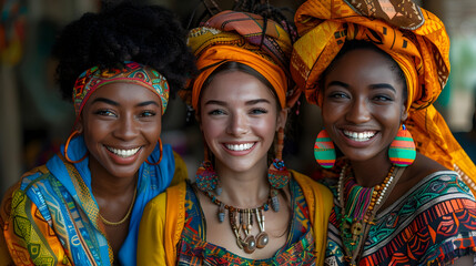 Three African Women in Traditional Attire Smiling - obrazy, fototapety, plakaty