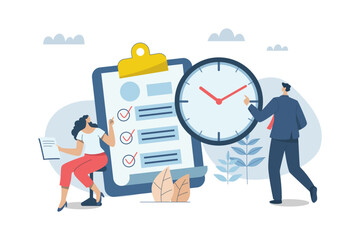 Business time management planning concept, Corporate schedule management, businessman and woman checking tasks on clipboard checklist near big watch. Vector design illustration.