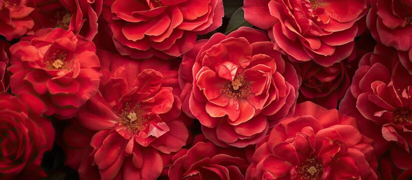 A cluster of vibrant red garden roses, with broad petals, arranged neatly on a wooden table in a well-lit room.