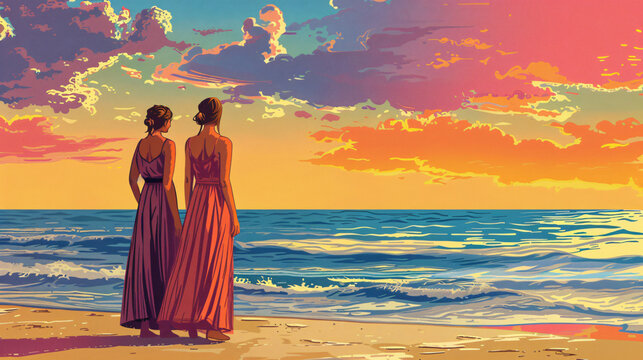 Young women in a long dress standing on the beach