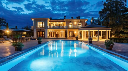 swimming pool in a private villa at night - obrazy, fototapety, plakaty