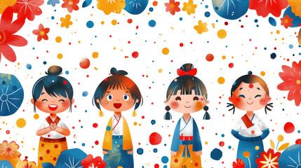 Naklejka premium Cute and Colorful Celebration Pattern with Cartoon Kid Characters and Scenes on a White Background