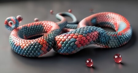 Obraz premium Vividly colored snake, coiled in an intricate pattern, with shiny red beads