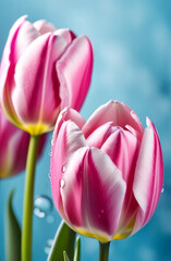 Pink white tulips close up on a blue blurred background with water drops.