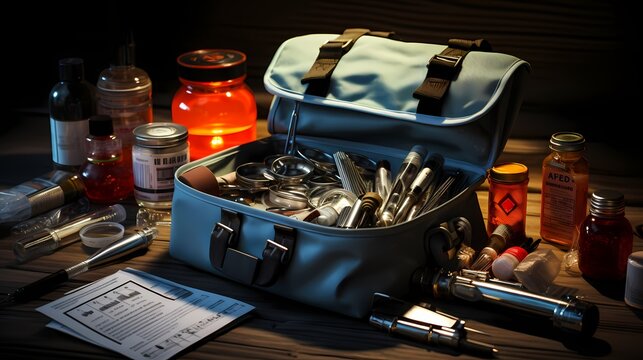 A top-down view of a medical bag with essential supplies, such as a stethoscope, bandages, and medications, symbolizing medical care and emergency response, captured with high-definition realism