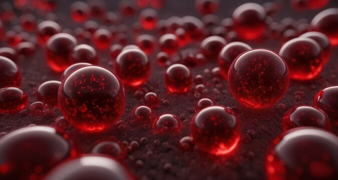  Close-up of shiny, red, water droplets on a dark surface