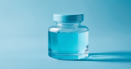  Clear glass bottle with blue liquid and blue cap