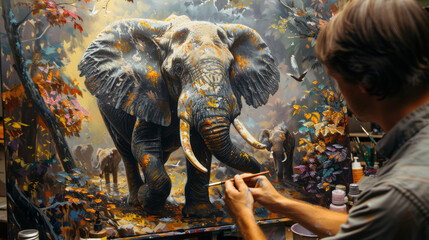 an artist paints a picture of an elephant - obrazy, fototapety, plakaty