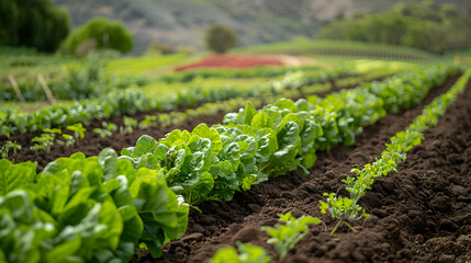 A vegetable garden, with rows of crops as the background, during a bountiful harvest season - obrazy, fototapety, plakaty