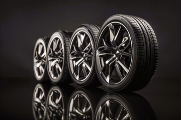 Studio shot of a set of summer economy car tires. Car tire store, discounts on tires, car tire store banner